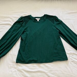 LC Lauren Conrad Deep Green Long-Sleeve Smocked Shoulder Top